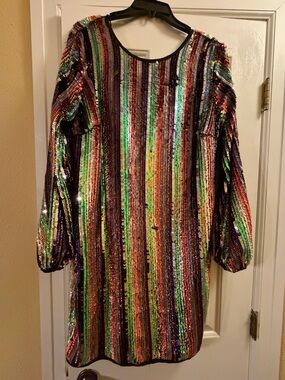 New York & Company Rainbow Sequin Stripe Long-Sleeve Dress